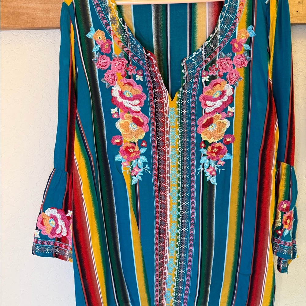 Savanna Jane Teal Striped Embroidered Blouse